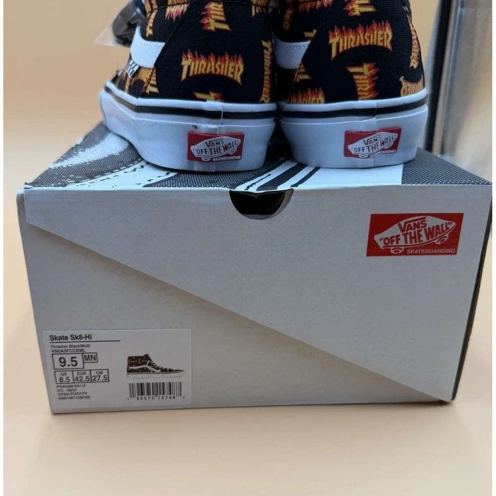 Vans x Thrasher Sk8-Hi-Allover Logo Black Multi Mens 9.5 Skate Shoes New